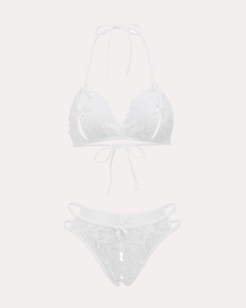 White lace Avidlove halter bra and panty set. Halter tie, floral lace design, 2-piece lingerie.