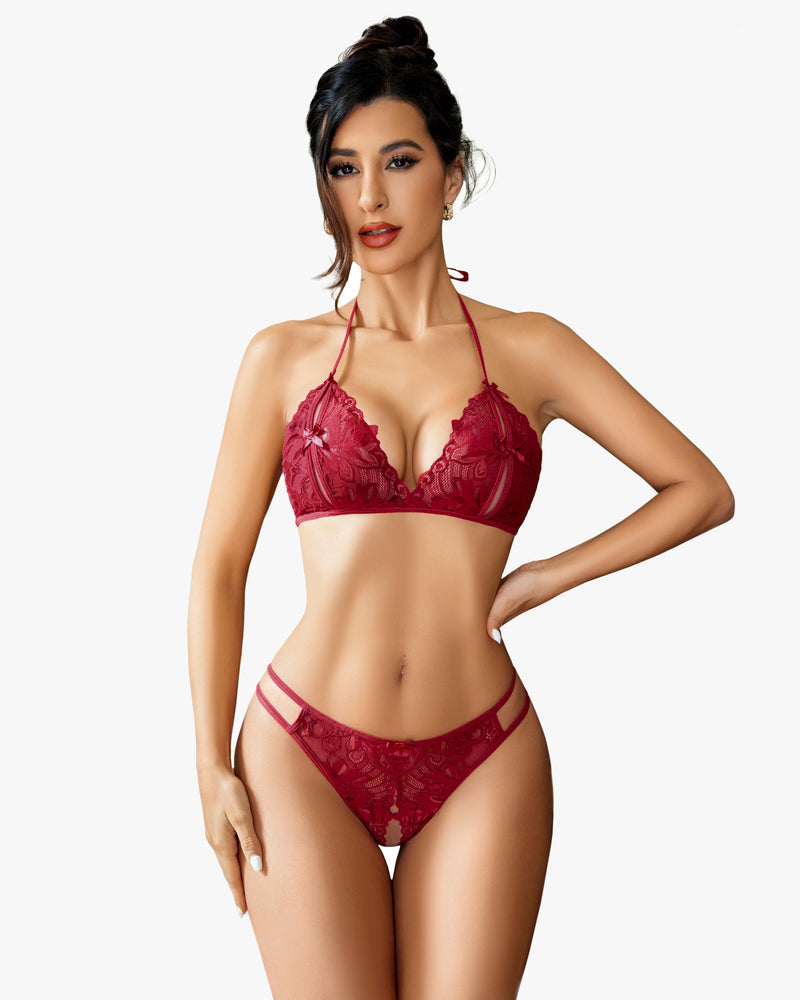 Red lace halter bra & panty set. Floral lace details, halter tie. Sexy lingerie.
