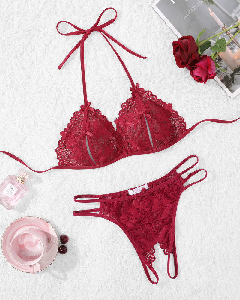 Red lace halter bra and panty set. Halter tie design, floral lace details, Avidlove lingerie.