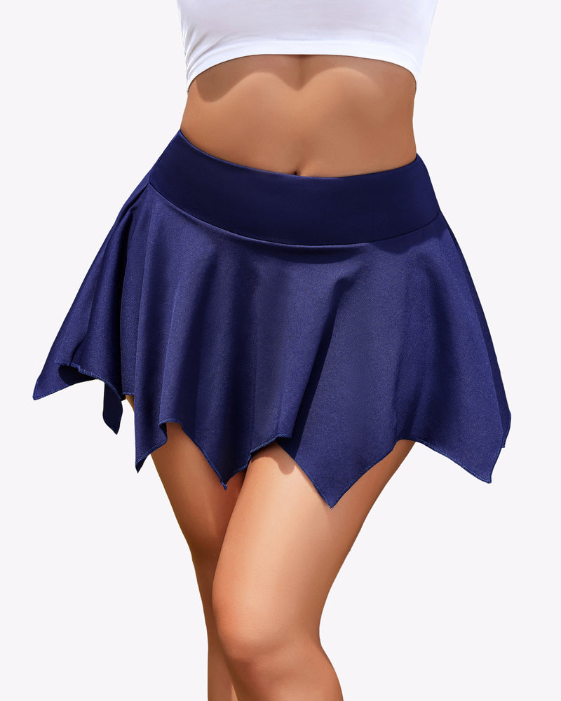 Navy blue A-line pleated mini skirt with irregular cut hemline, stretchy fabric for daily outfits