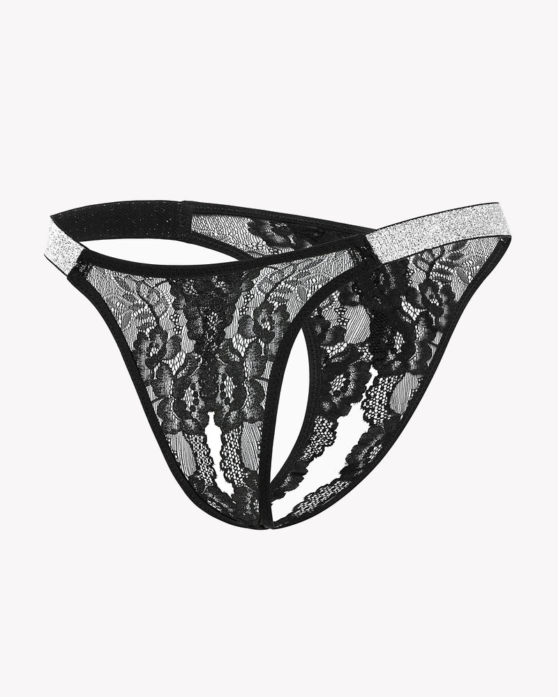 Avidlove Black lace low rise panties with shine strap, floral lace design, open back lingerie.