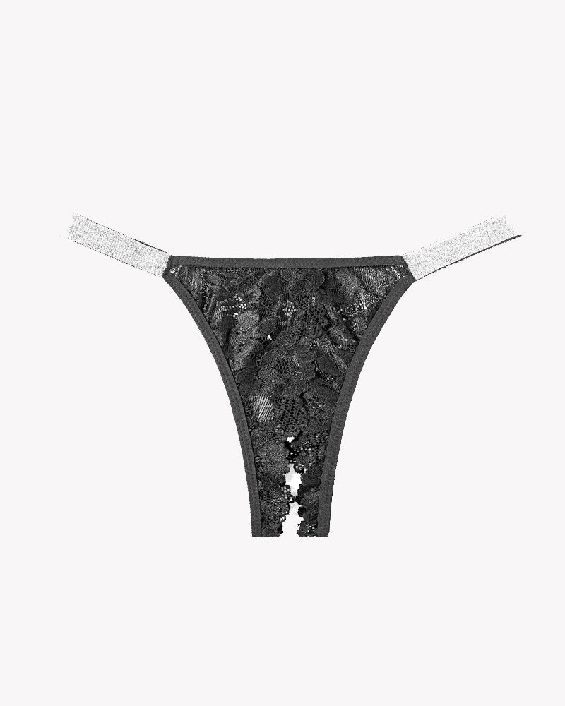 Avidlove black lace low rise panties with shine straps, showcasing floral lace detail and open back.
