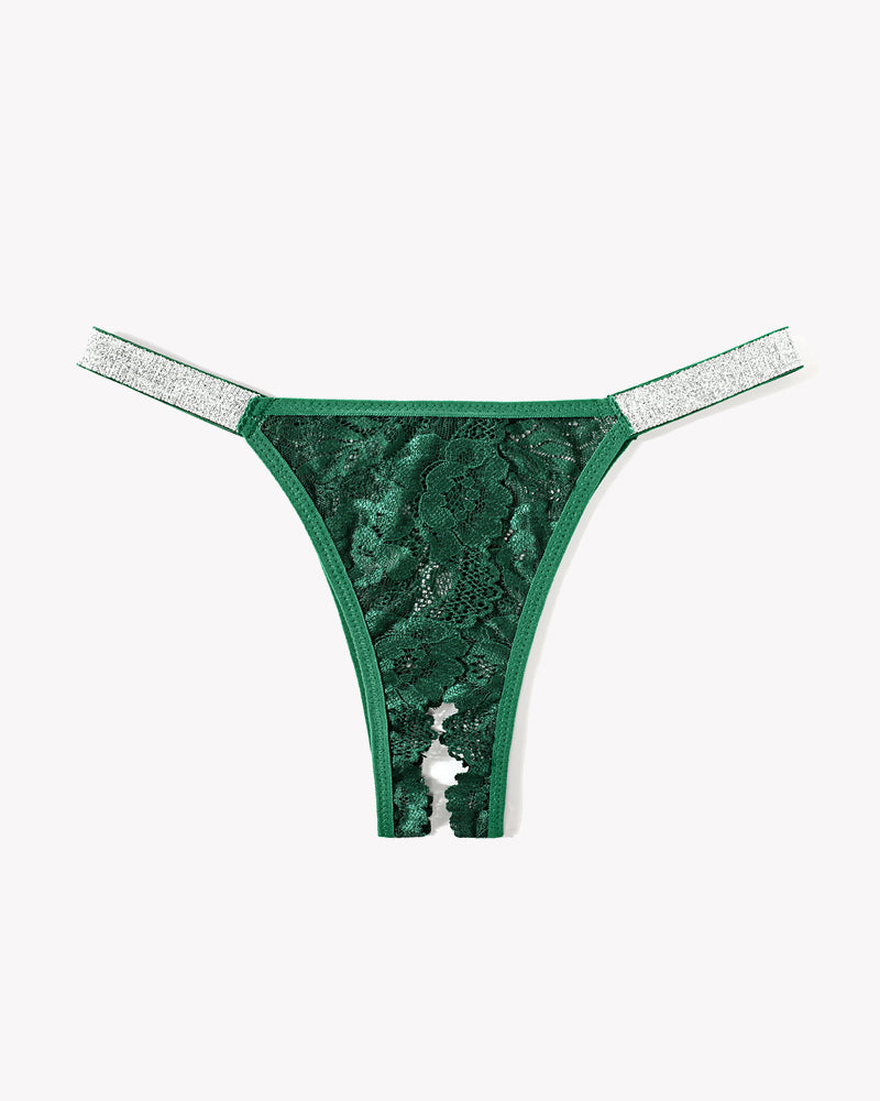 Emerald green lace low rise panties with shine straps, floral lace detail, and open back.