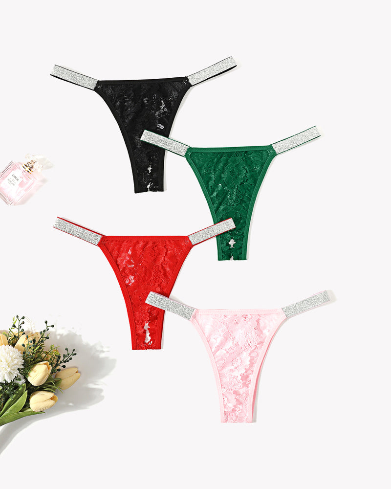 Avidlove low rise lace panties set in black, green, red, and pink floral lace with rhinestone straps