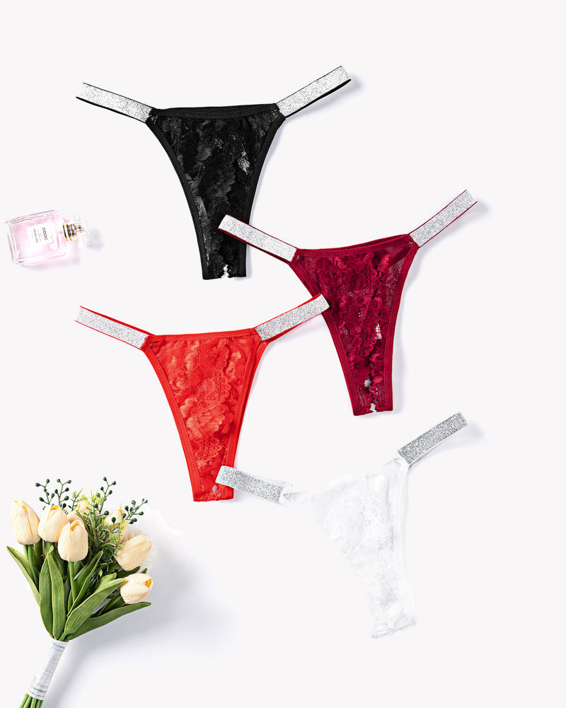 Avidlove Lace Panties with Rhinestone Straps - Black, Red, Burgundy, and White - Sexy Lingerie