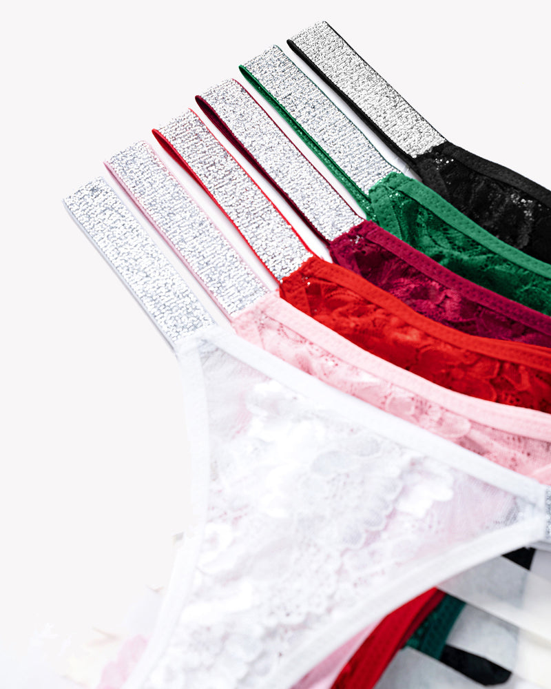 Avidlove low rise lace panties with rhinestone straps in various colors, floral lace design