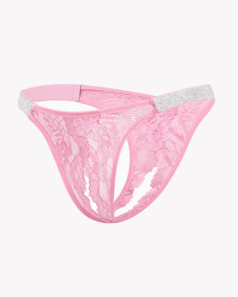 Avidlove pink floral lace low rise panties with shine strap and open back design, sexy lingerie