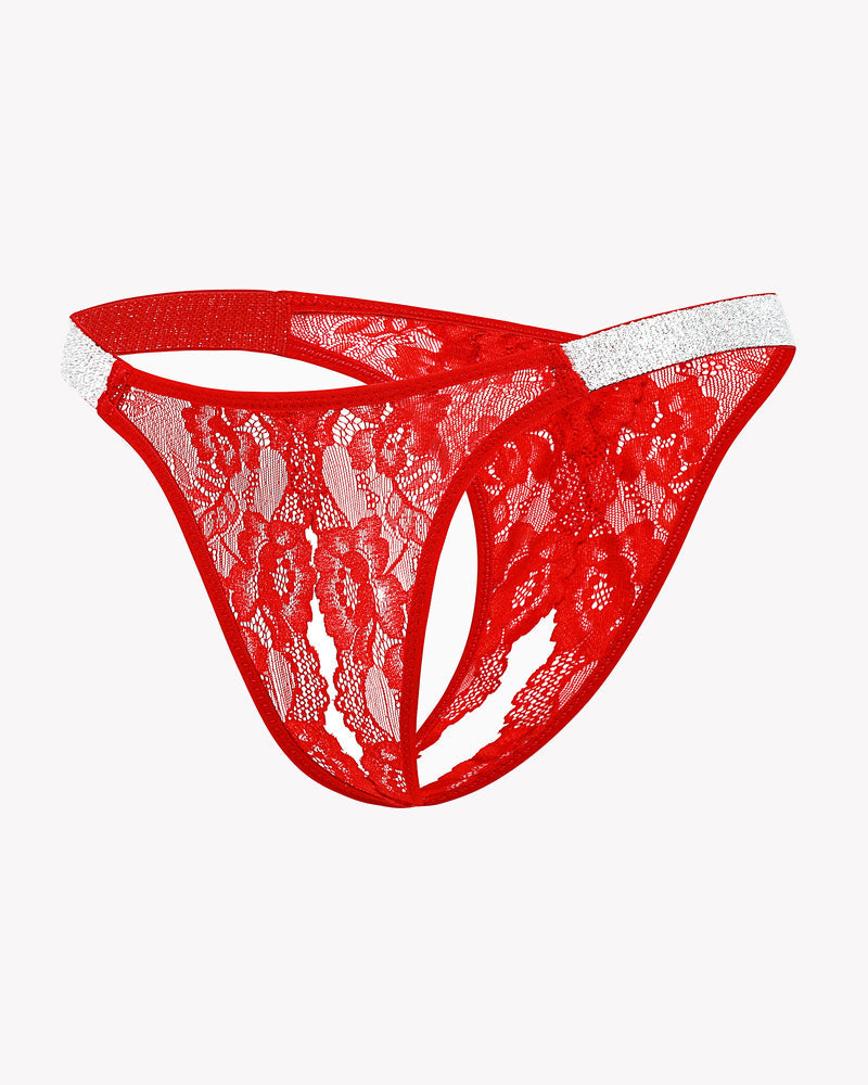 Red floral lace Avidlove low rise thong panty with shine strap and open back design, sexy lingerie