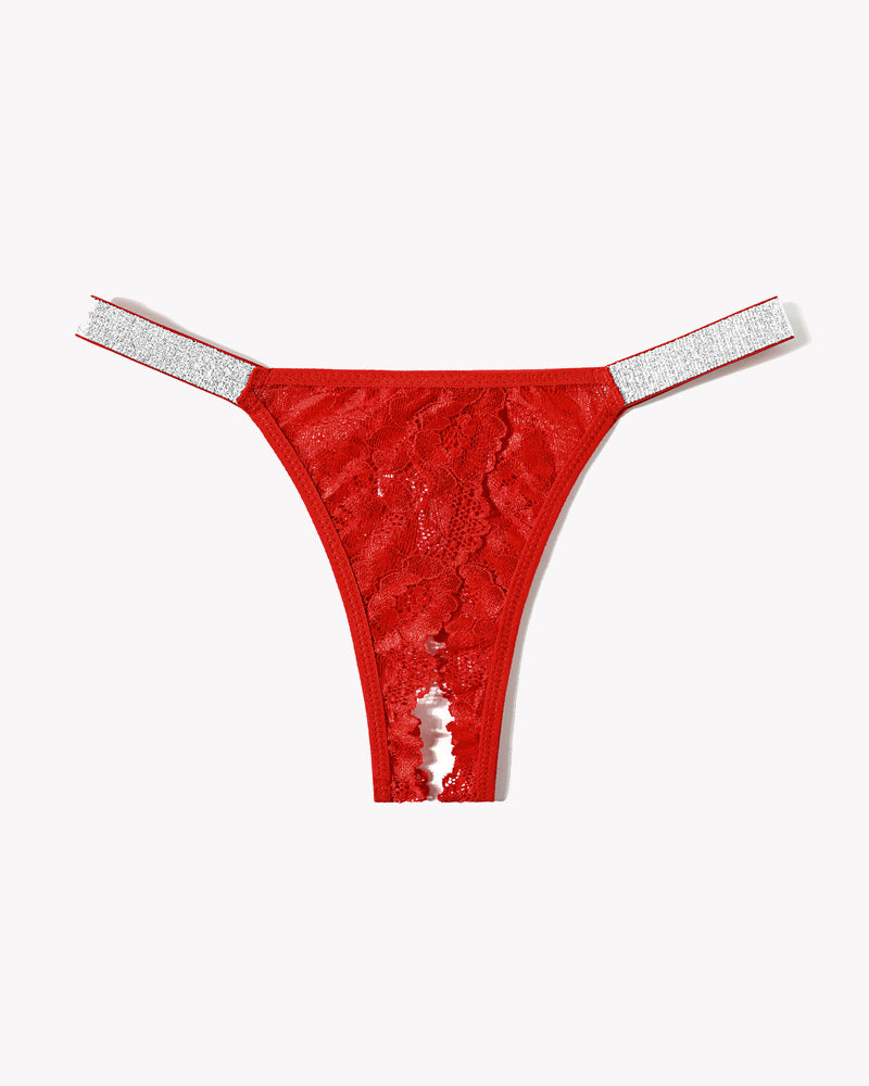 Avidlove red floral lace low rise thong panty with rhinestone strap and open back, sexy lingerie