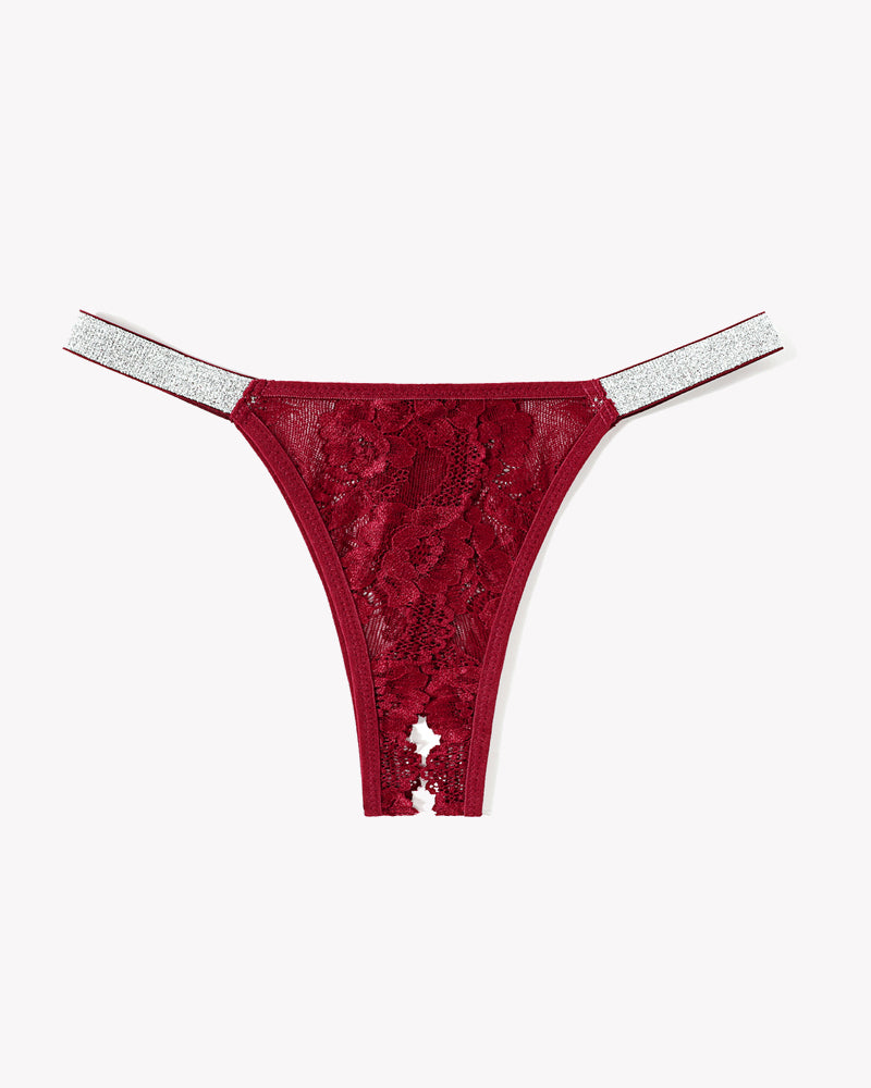 Avidlove red floral lace low rise thong panty with shine strap, open back, sexy lingerie