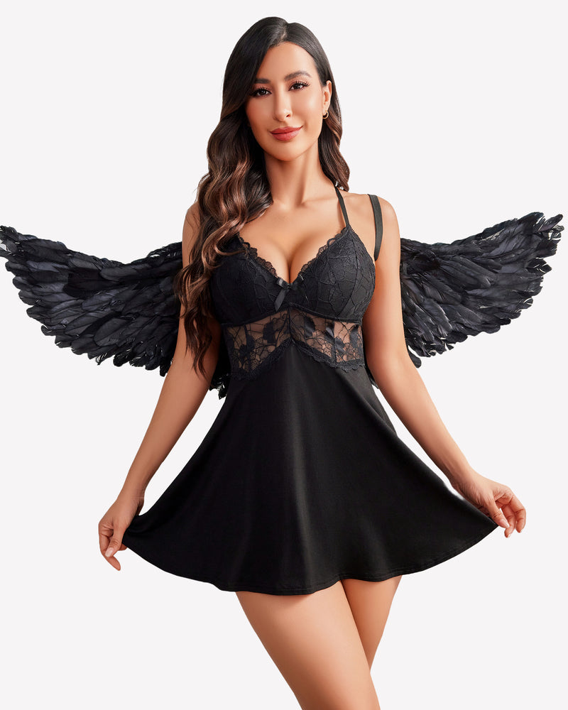 Black lace babydoll lingerie with feather wings, deep V-neck nightgown, Avidlove