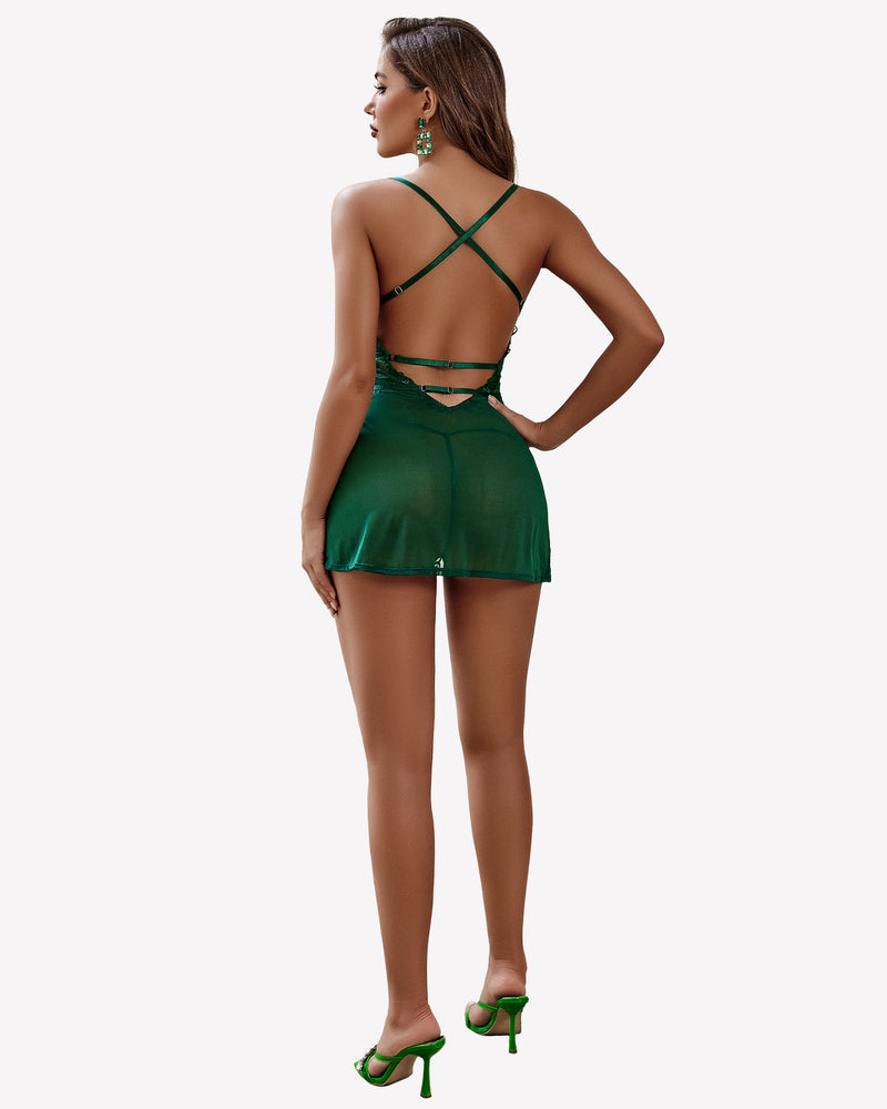 Green lace chemise dress with adjustable straps and crystal details, ideal for romantic nights.