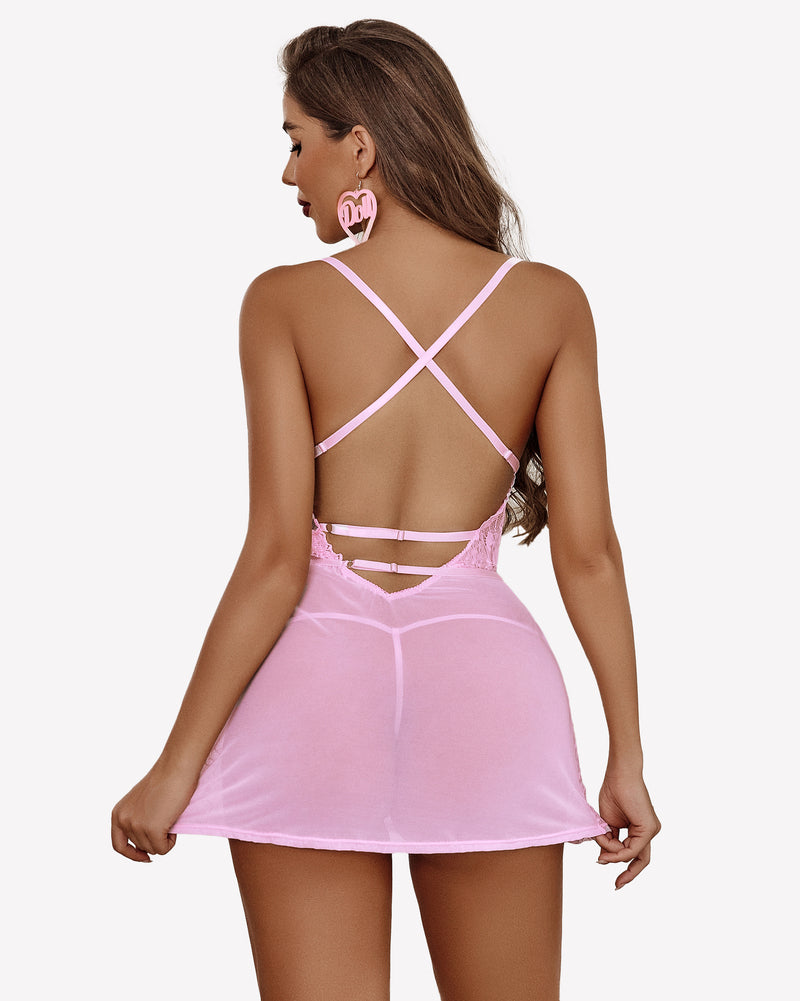 Pink lace chemise dress with adjustable straps, sheer skirt, and lace details