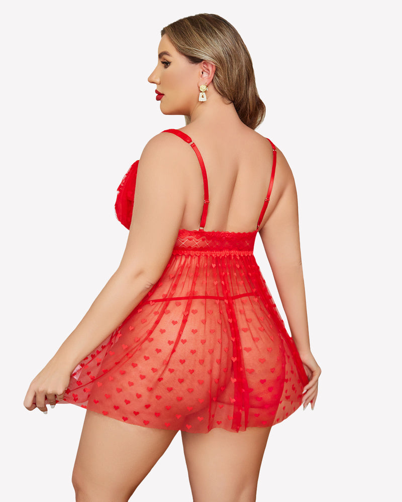 Plus size red heart print sheer babydoll nightie with lace detail. Sexy lingerie for women.