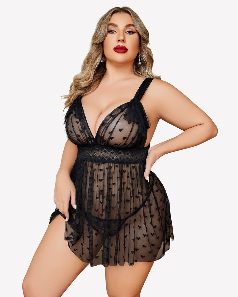 Plus size black heart print sheer nightie with adjustable straps. Sexy lingerie for women.
