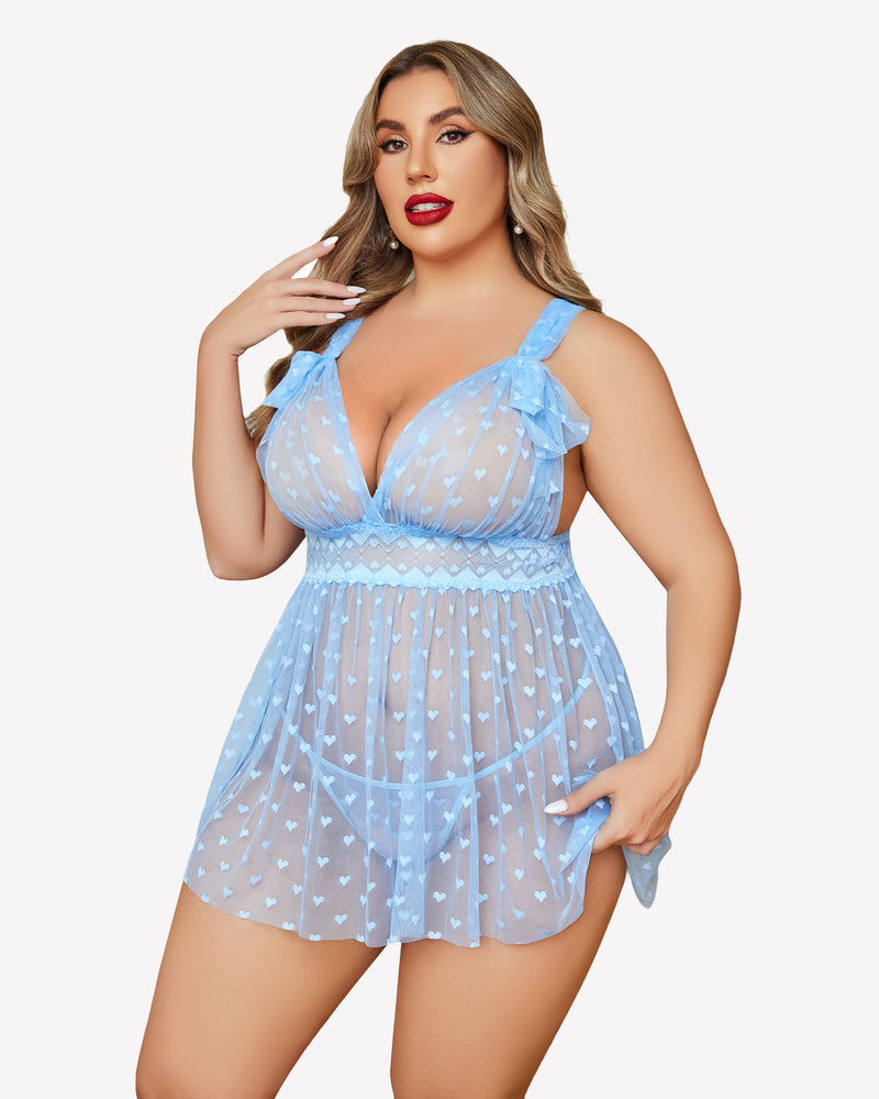 Plus Size Blue Heart Print Babydoll Nightie with Lace Trim. Sexy lingerie with adjustable straps