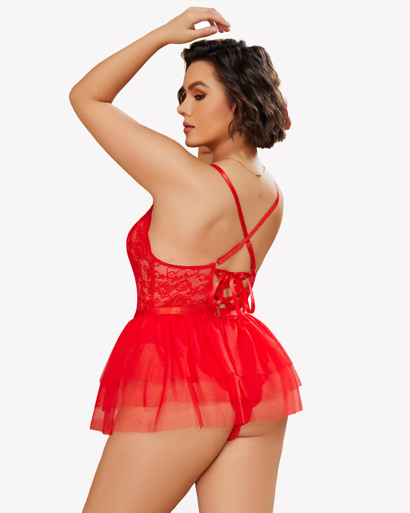 Plus Size Red Lace Teddy Nighty with Mesh Skirt and V-neck, perfect for confidence and sensuality