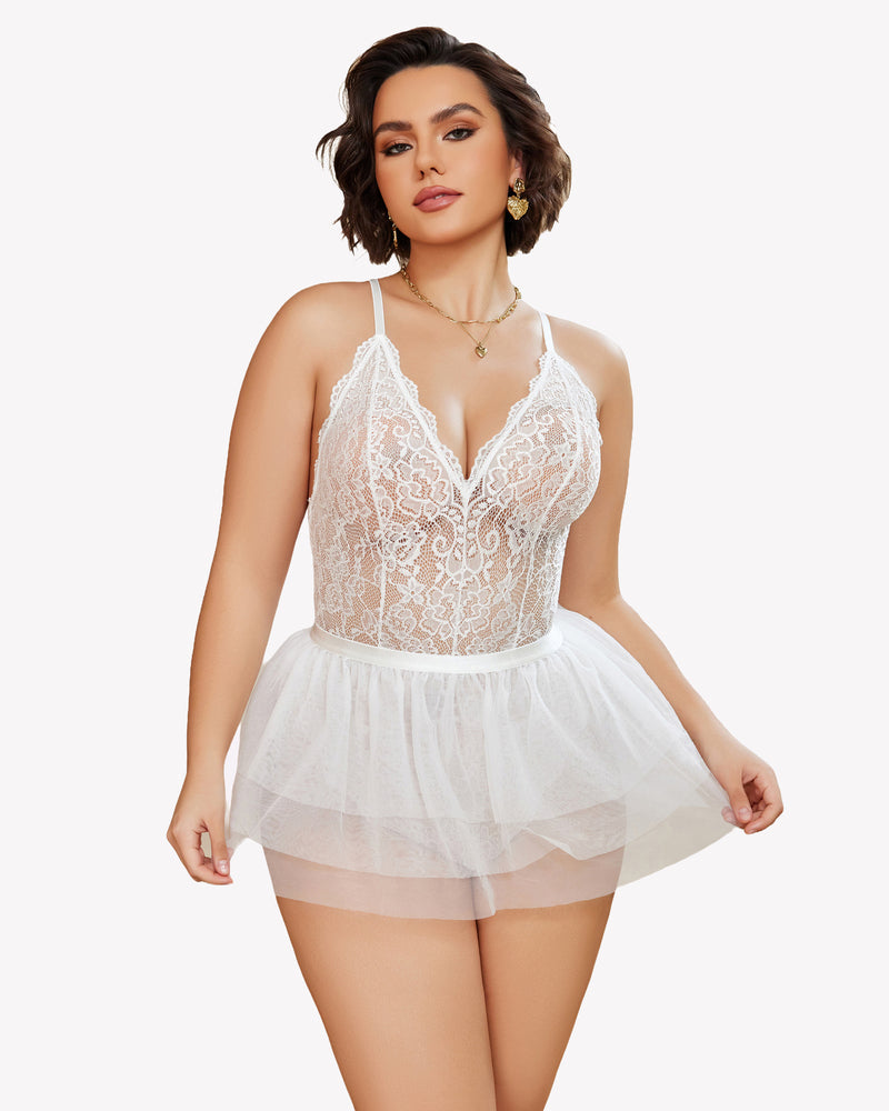Plus Size White Lace Teddy Nighty with Mesh Skirt and V-Neck Design