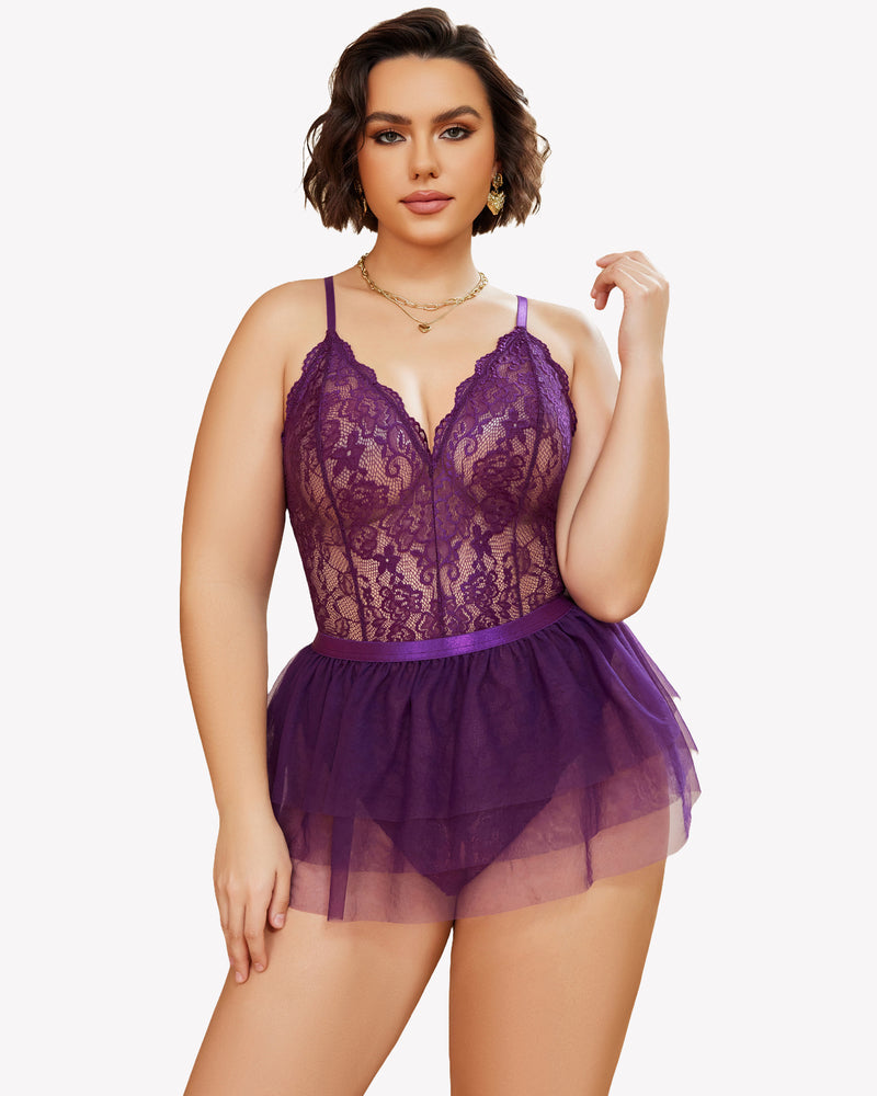 Avidlove Plus Size Purple Lace Teddy Nighty with Mesh Skirt