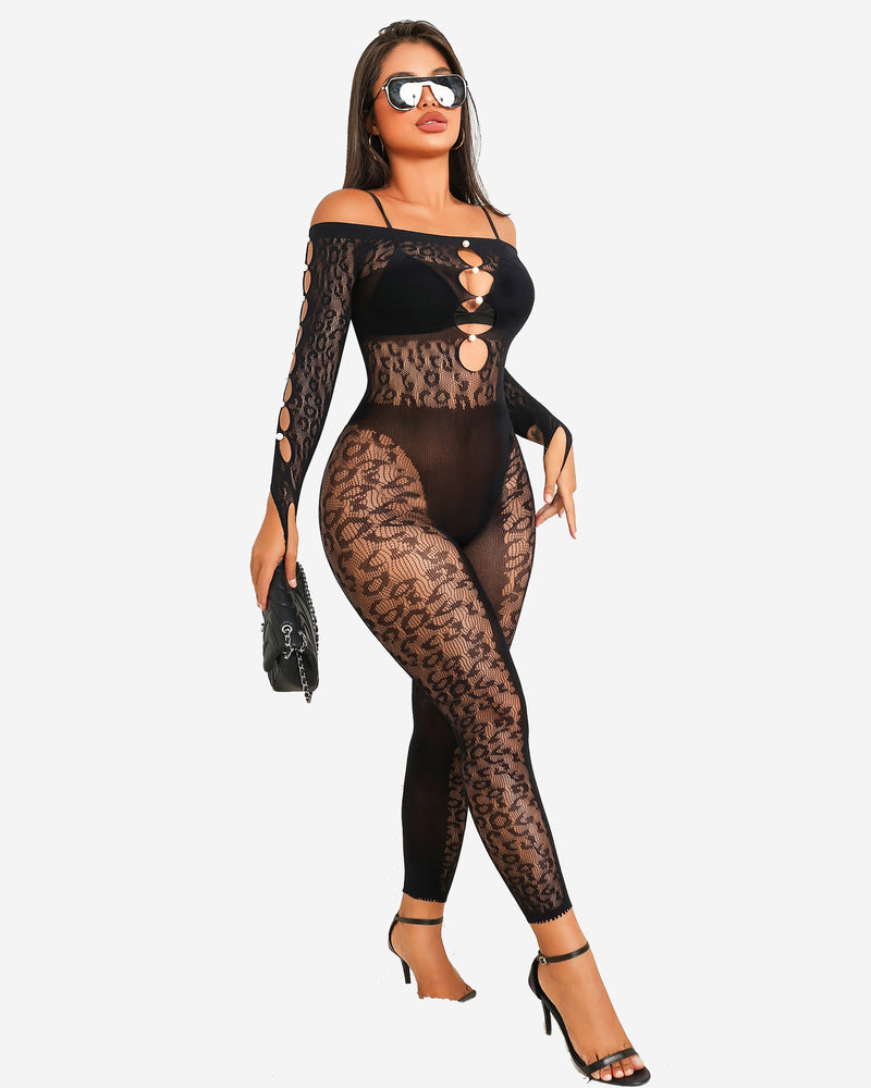 Black leopard print fishnet bodysuit for women, off-shoulder design, sexy lingerie