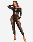 Pink off-shoulder fishnet bodysuit with cut-outs and long sleeves, styled with accessories.