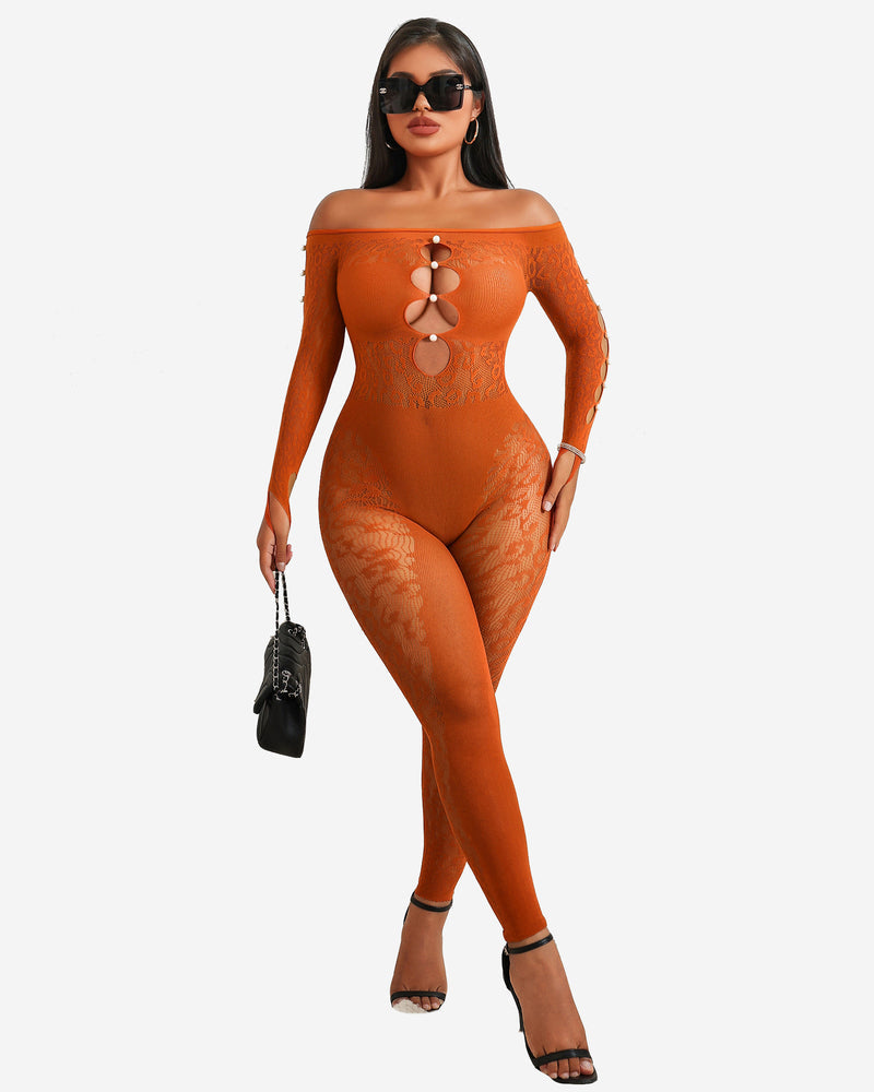 Orange fishnet bodysuit, off-shoulder lace lingerie with cut-out detail, sexy outfit for women