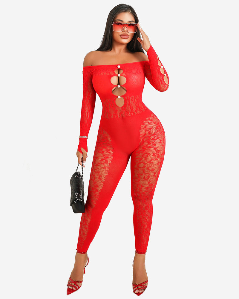 Red fishnet bodysuit, off-shoulder, lace cut-out, sexy lingerie for women