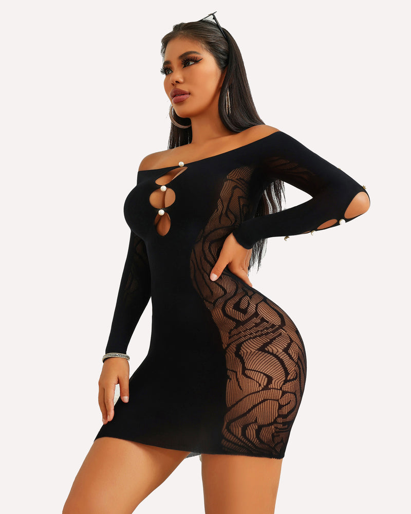 Black fishnet bodycon mini dress with pearl accents, off-shoulder, perfect for a sensual look.
