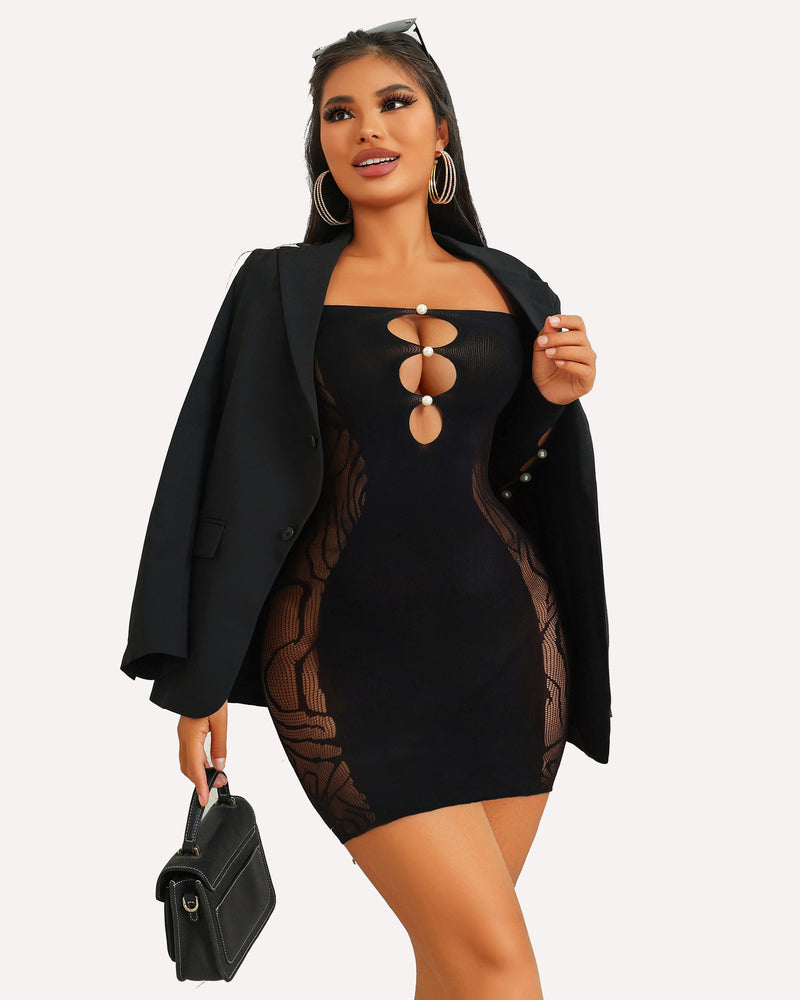 Black fishnet mini dress with pearl details and off-shoulder design, perfect for a sensual look