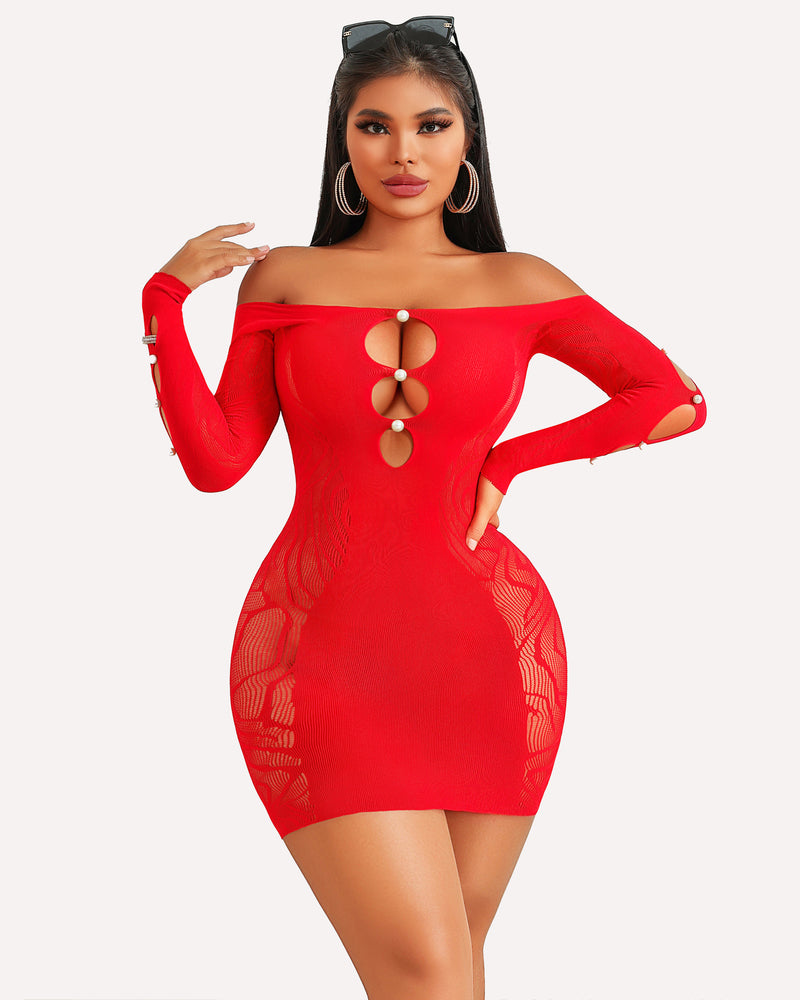Red fishnet mini dress with pearl accents, off-shoulder design, sensual bodycon look