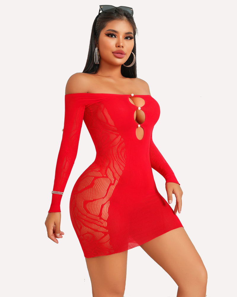 Red fishnet mini dress with off-shoulder design, pearl accents, and bodycon fit.