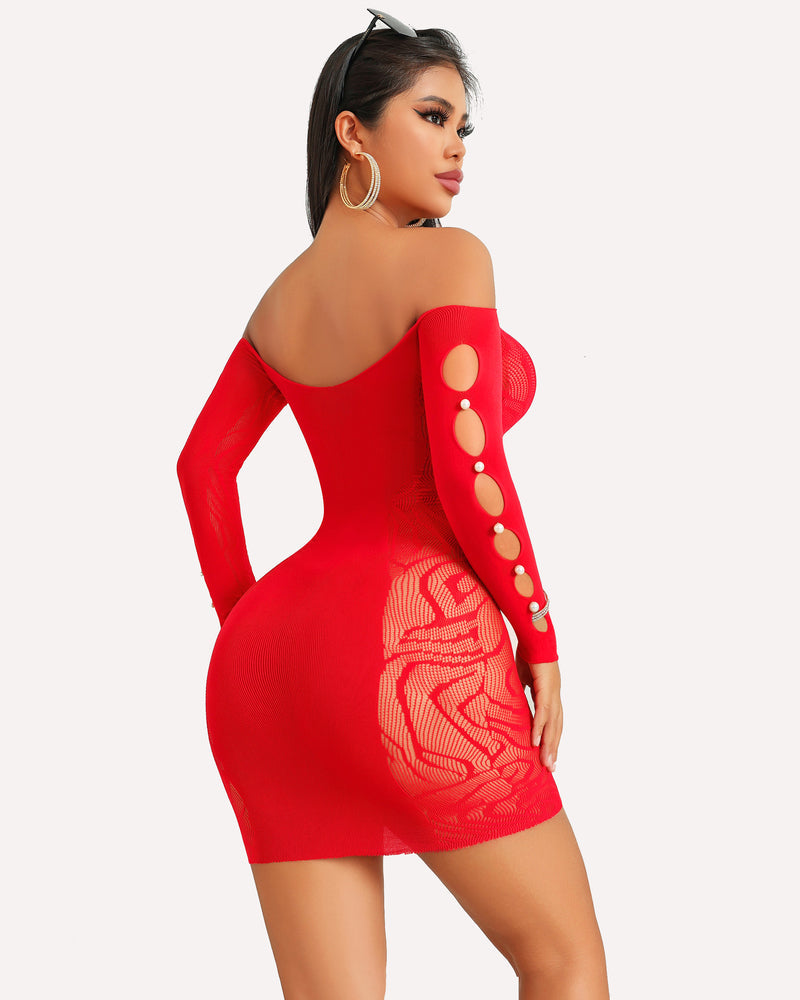 Red fishnet bodycon mini dress with off-shoulder design, pearl details, and floral pattern accents.