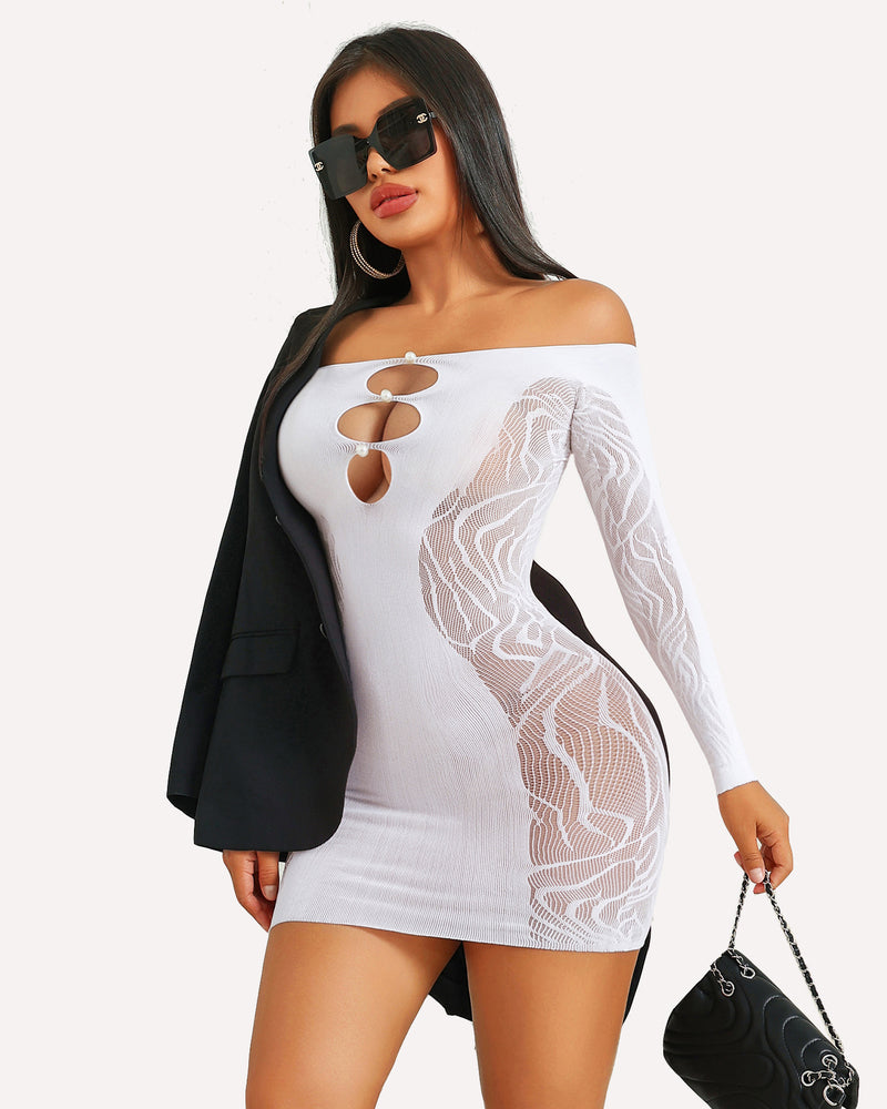 White fishnet mini dress with pearl details, off-shoulder bodycon with mesh accents