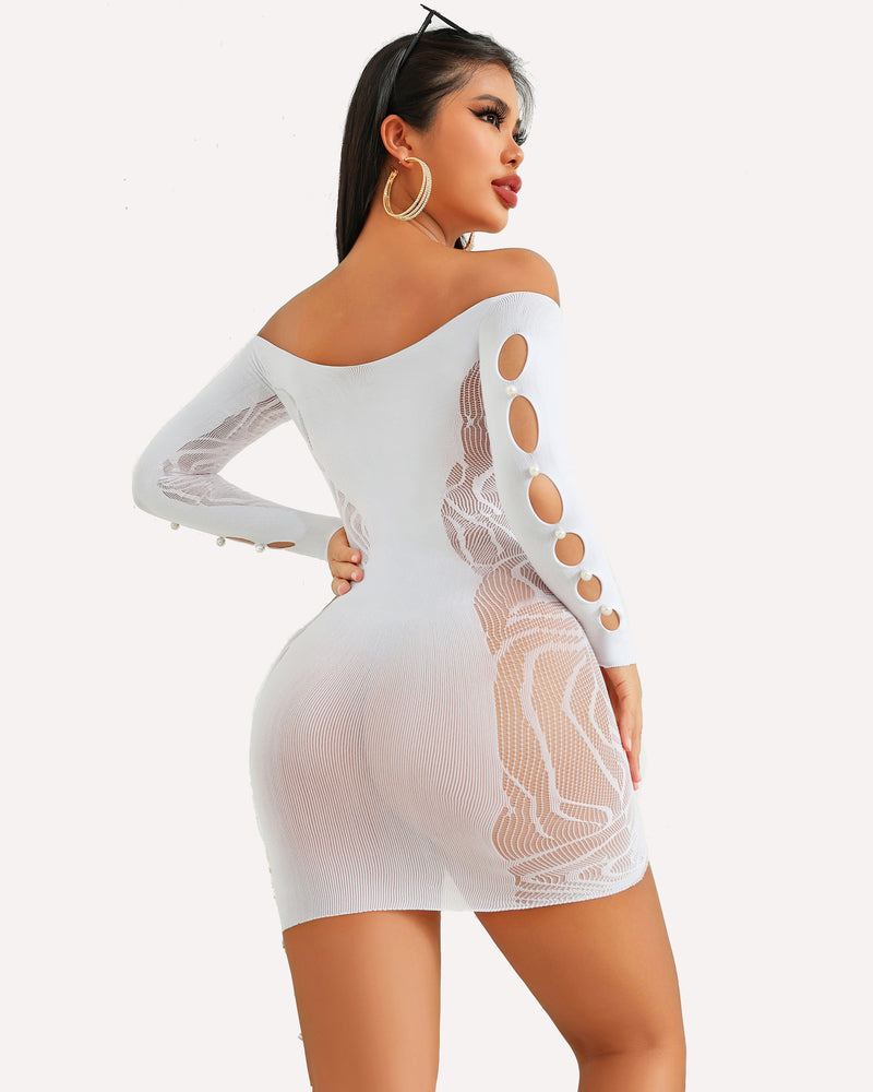 White fishnet mini dress with pearl details and off-shoulder design, bodycon fit