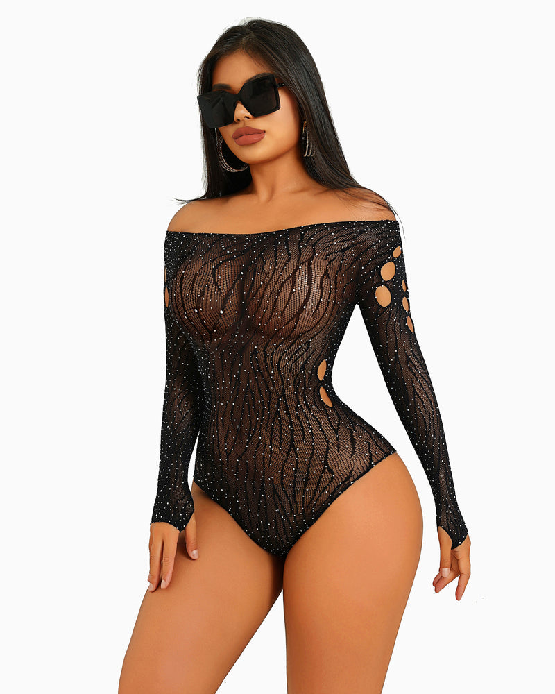 Black rhinestone fishnet bodysuit, off-shoulder cut-out, long sleeves, rhinestone details
