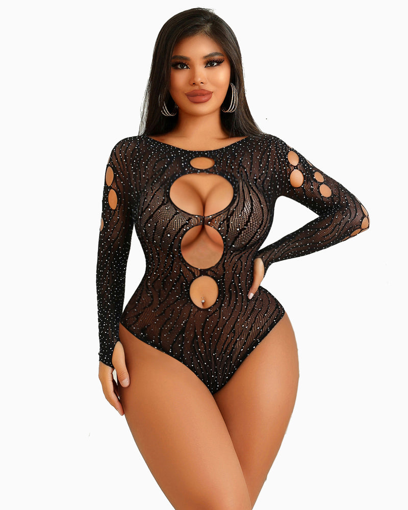 Pink rhinestone fishnet bodysuit with cut-outs, model showcasing a bold and glamorous look.