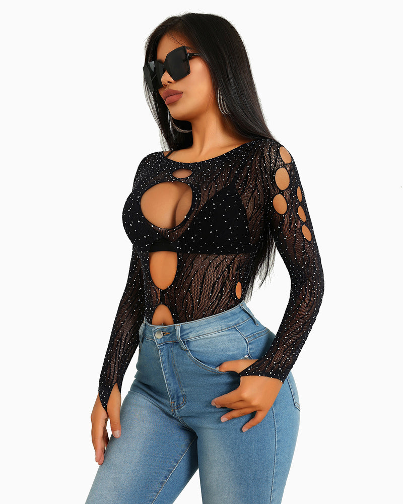 Black fishnet bodysuit with rhinestone details, cut-out design, and long sleeves; a sexy lingerie.