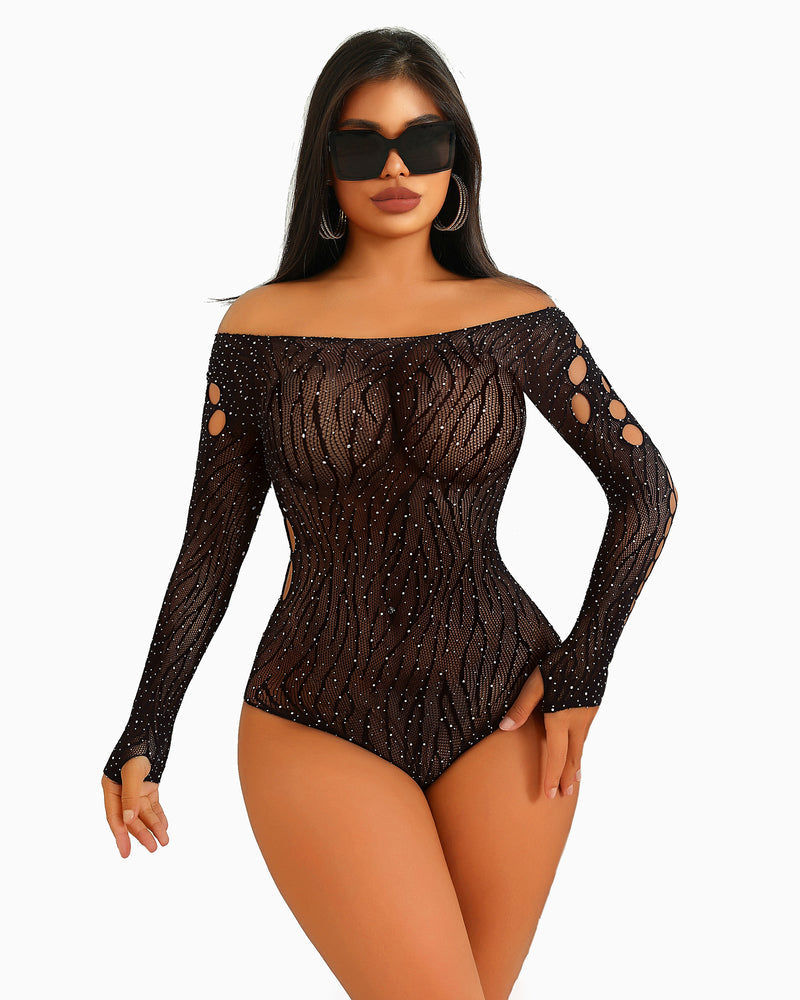 Rhinestone fishnet bodysuit, black lingerie, off-shoulder, cut-out design, long sleeves, sexy
