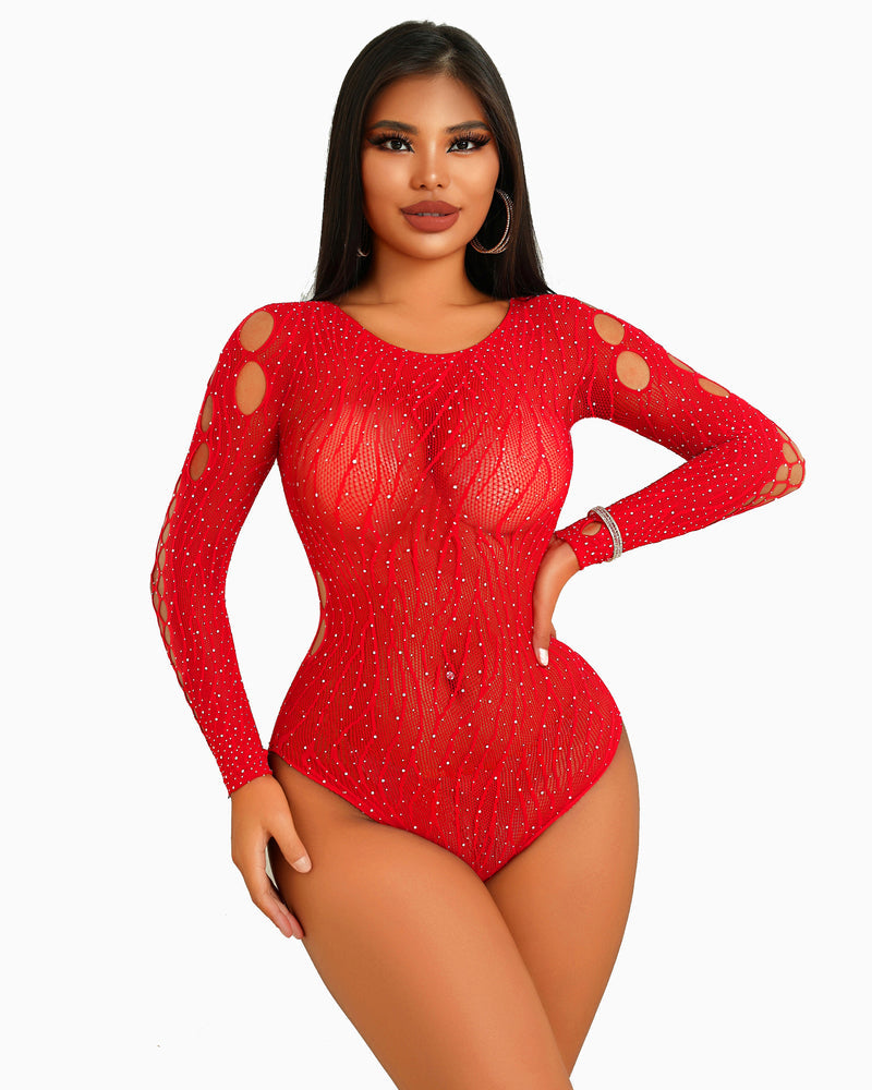 Red rhinestone fishnet bodysuit with cut-out design, long sleeves; sexy lingerie for women