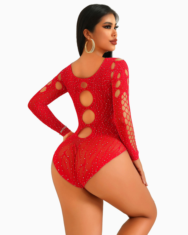 Sexy red rhinestone fishnet bodysuit with cut-out design and long sleeves for women.