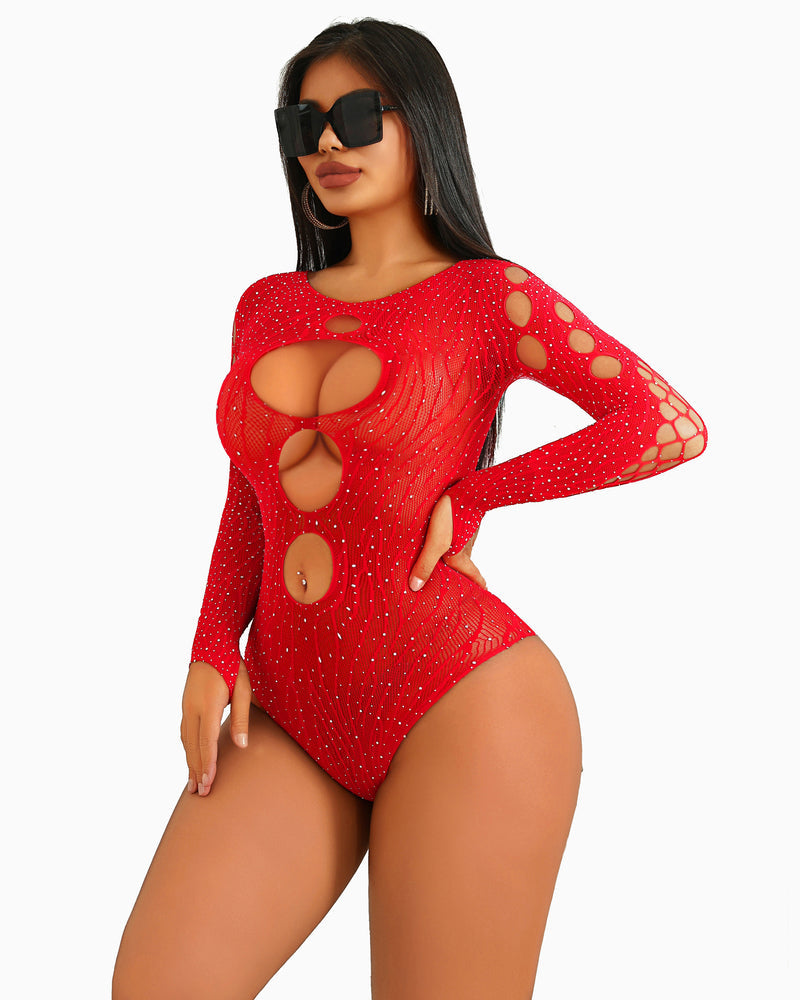 Red rhinestone fishnet bodysuit with cut-out design and long sleeves; sexy lingerie for women
