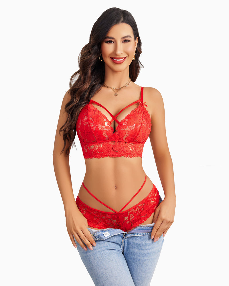 Red lace lingerie set with strappy bralette and open-front panty. Sexy look for women, lace design.