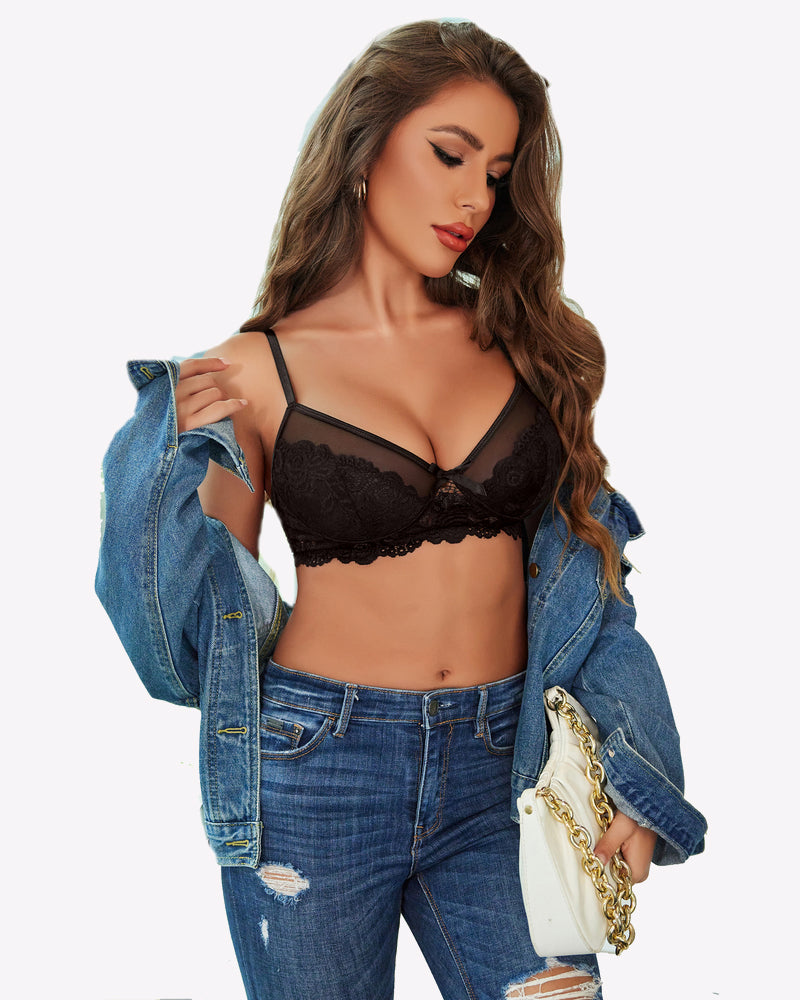 Black lace lingerie set featuring a model in denim jacket, radiating confidence and beauty