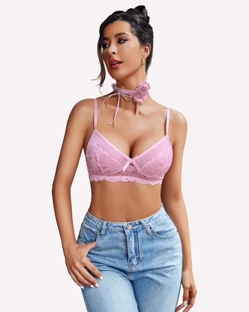 Pink lace bra and panty set with mesh details and bow accents, enhancing confidence and inner beauty