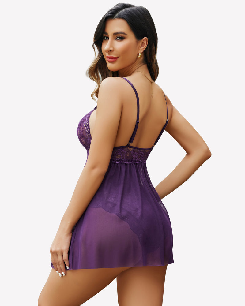Purple lace babydoll lingerie dress with adjustable straps and sheer mesh skirt, sexy sleepwear.