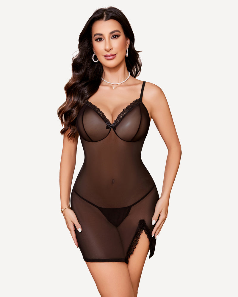 Avidlove black sheer nightgown with side slit, lace trim, and bow detail. Sexy lingerie for women