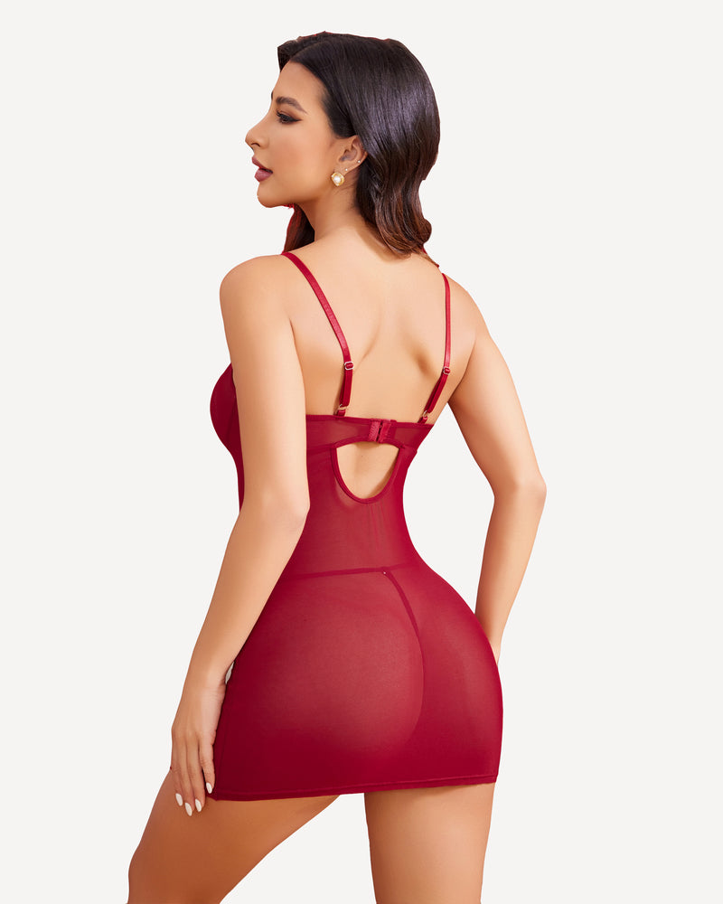 Burgundy mesh Avidlove nightgown with side slit and keyhole back. Sexy lingerie for women.