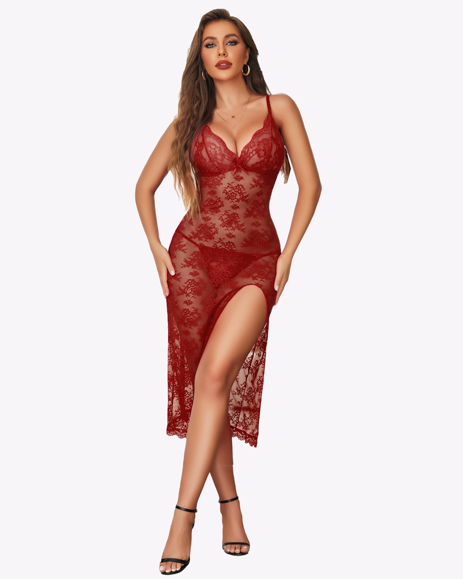 Red lace nightdress with high side slit, sheer lingerie, perfect for romantic night
