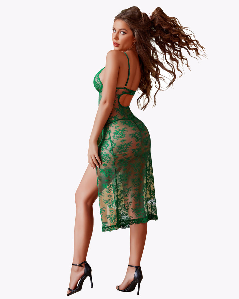 Green floral lace nightdress with high side split, elegant lingerie for romantic night