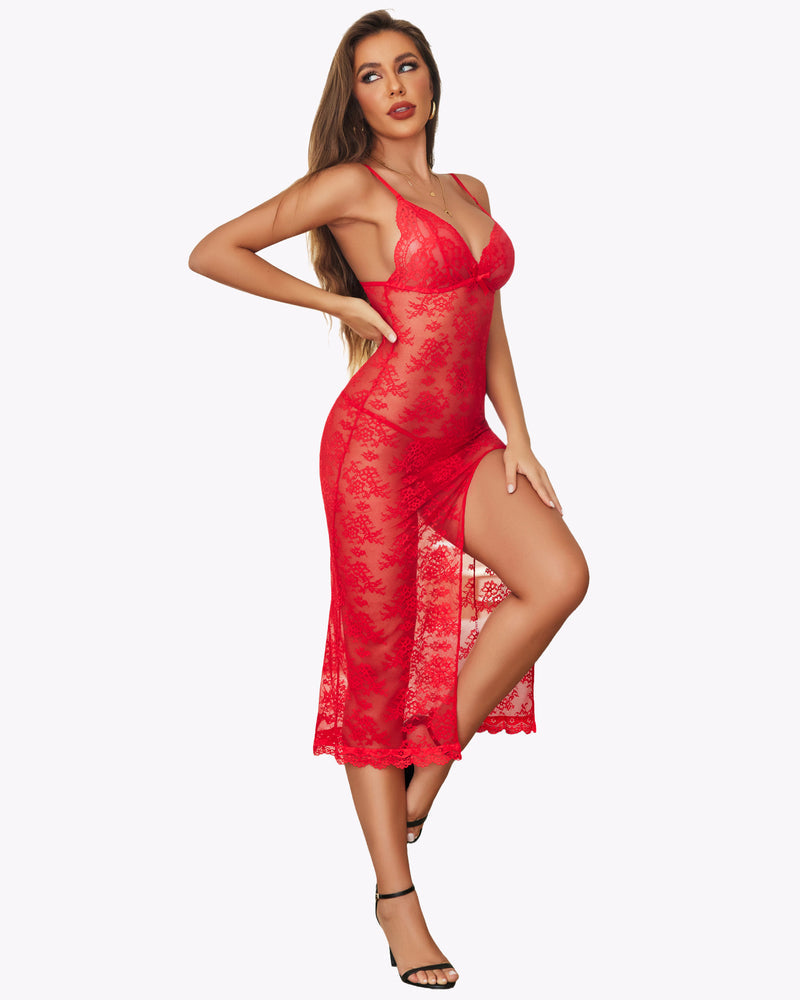Red lace nightdress, high side slit, floral pattern, perfect for romantic lingerie.